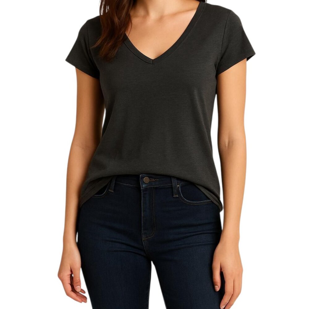 Universal Standard Women's Black Raw Edge V Neck Cap Sleeve T-Shirt Size XS NWOT